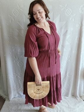 City Chic Plum Peasant Tiered Midi Dress | Balloon Sleeve | US 14 | Cottagecore